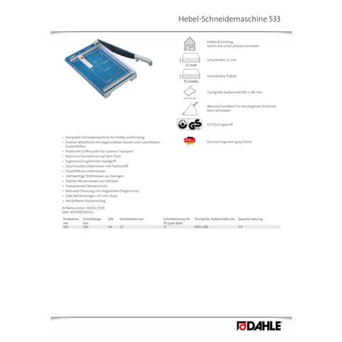 Taglierina a leva Dahle con pressino manuale max 15 fogli - luce 330-1,5 mm blu  R000533